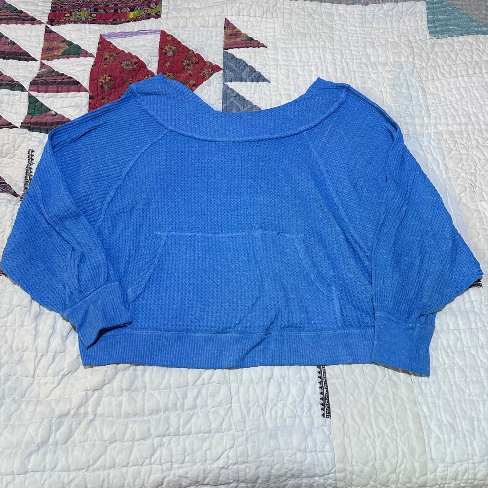 We The Free Waffle Knit Top Blue‎ Oversized Thermal Slouchy Small